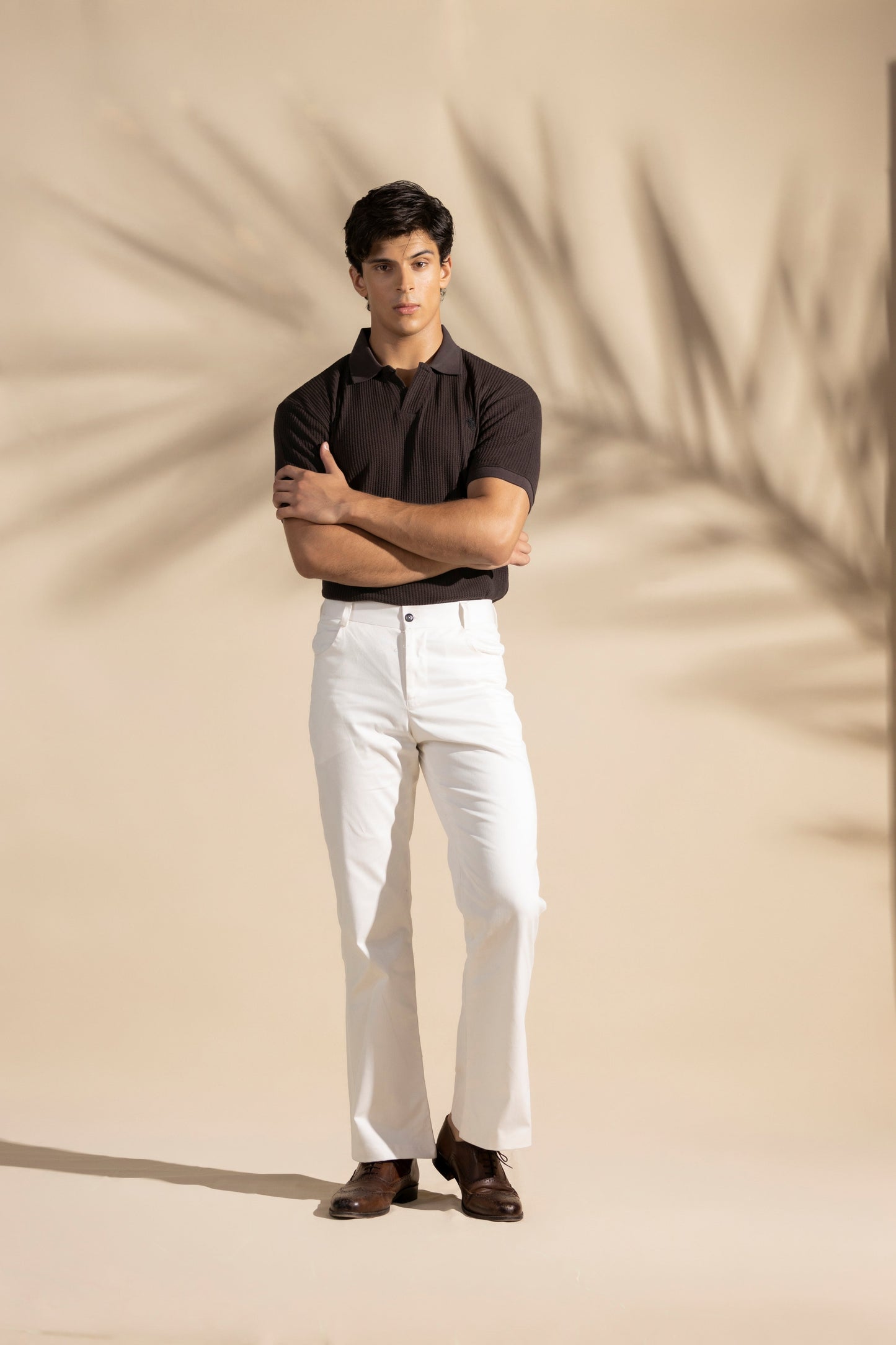 Brown Waffle Knitted Polo Shirt - Brown Johnny Collar Style