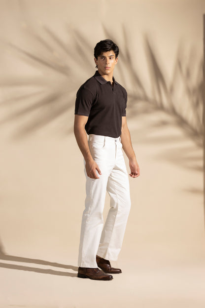 Brown Waffle Knitted Polo Shirt - Brown Johnny Collar Style