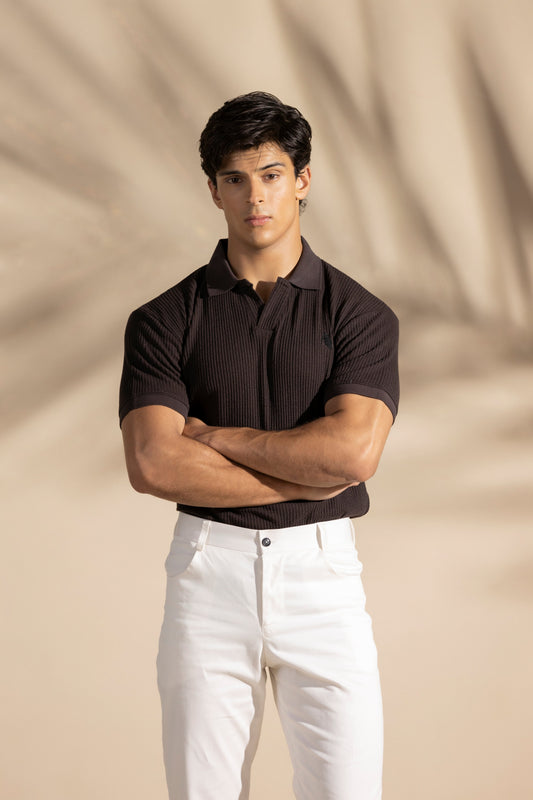 Brown Waffle Knitted Polo Shirt - Brown Johnny Collar Style