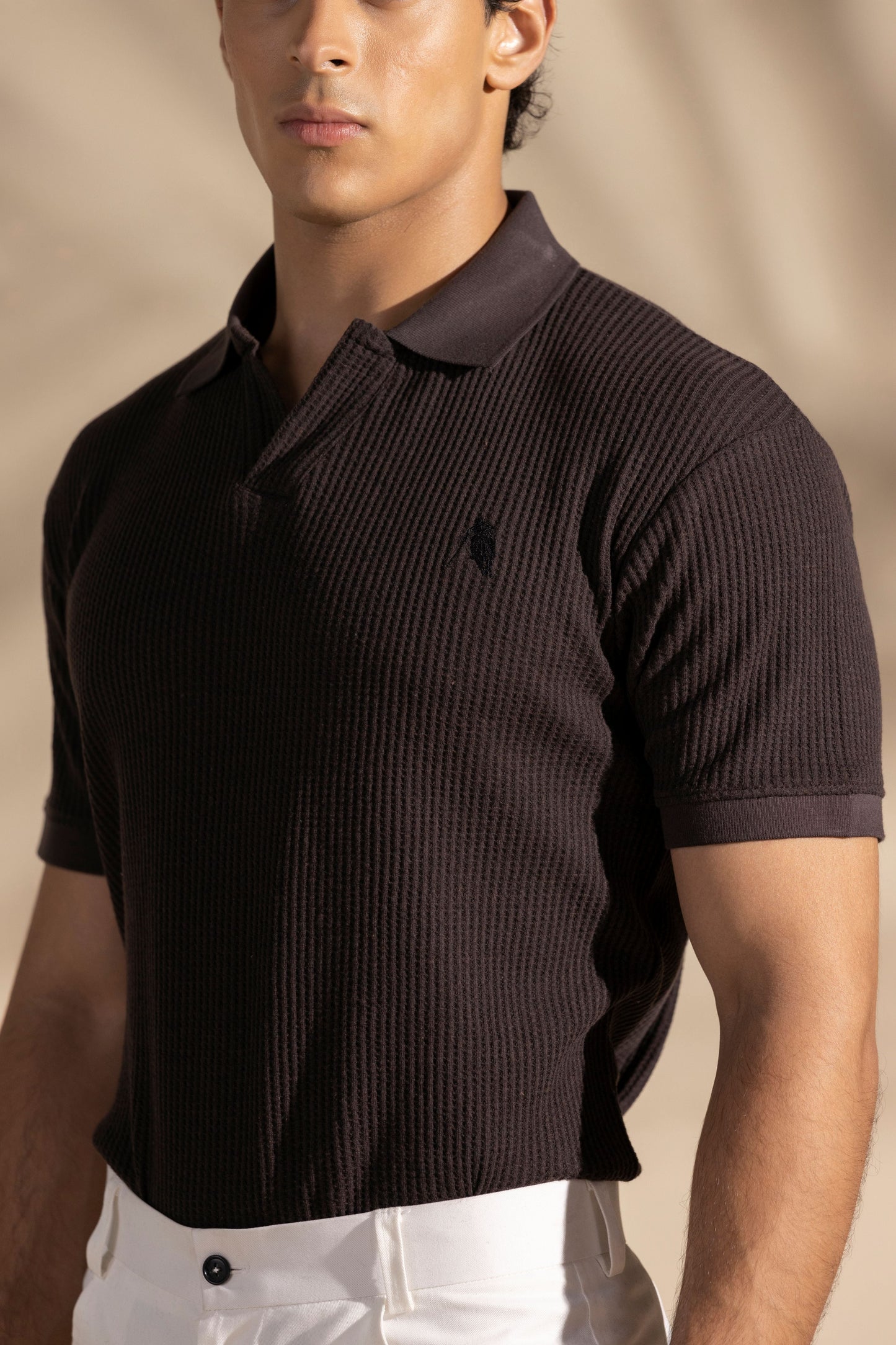 Brown Waffle Knitted Polo Shirt - Brown Johnny Collar Style
