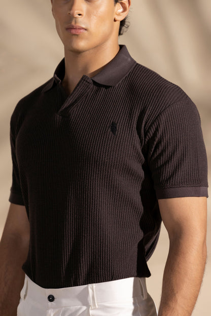 Brown Waffle Knitted Polo Shirt - Brown Johnny Collar Style