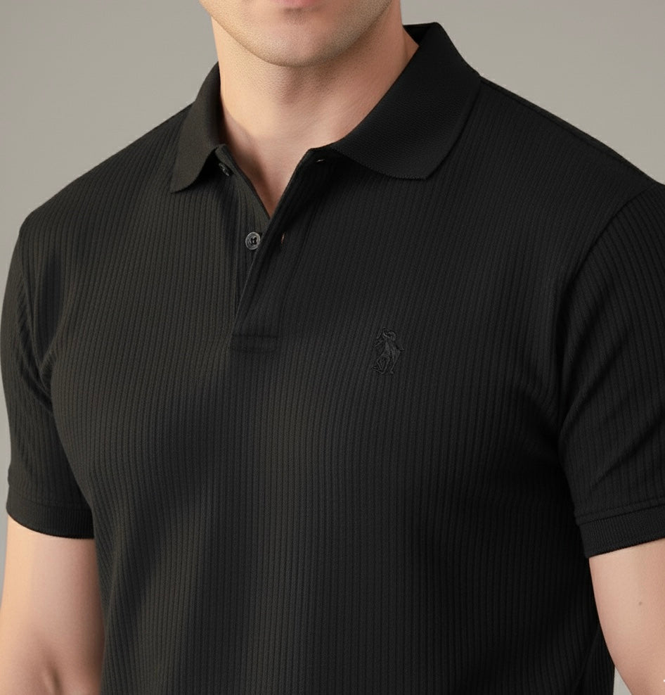 Black Waffle Knitted POLO Shirt