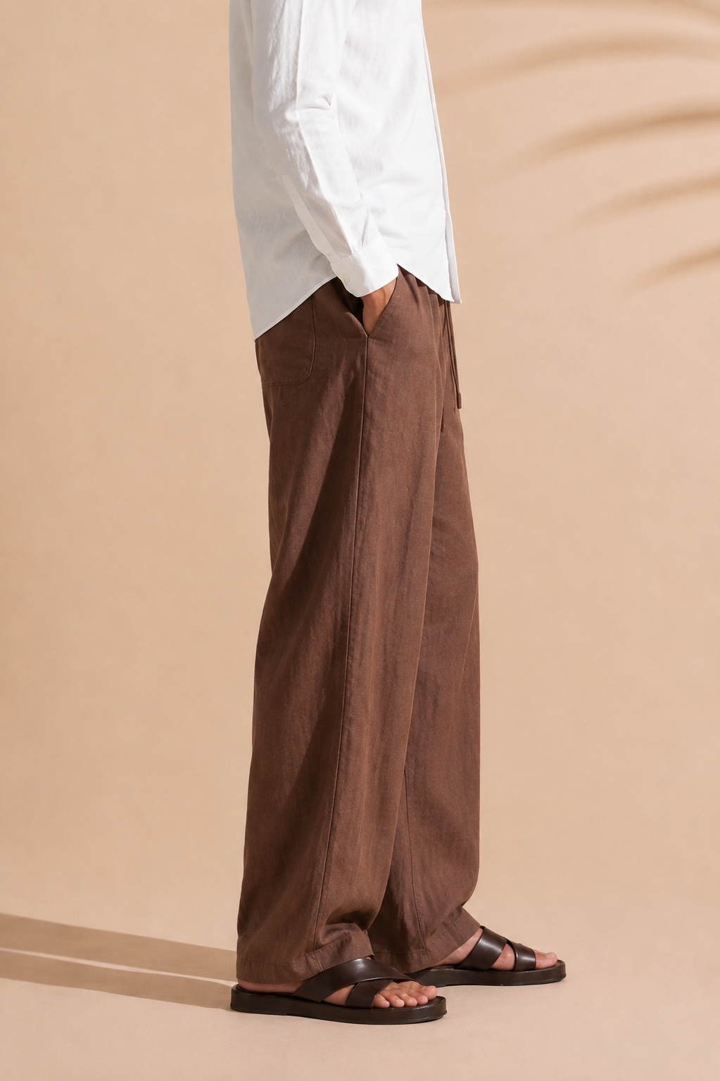 DRAWSTRING PLEATED LINEN TROUSER ( BROWN / WHITE / CREAM)