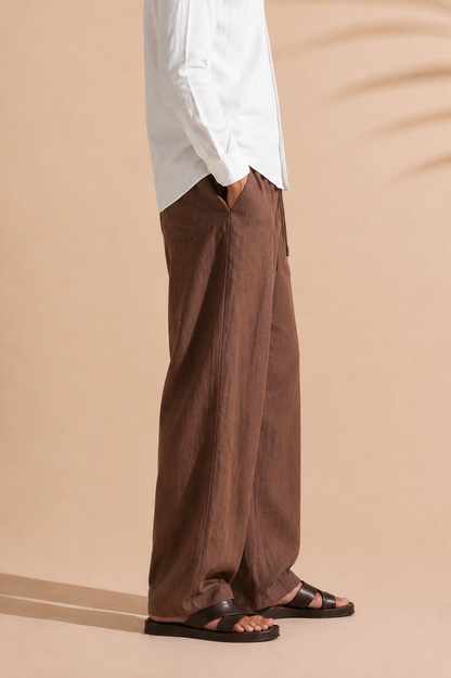 DRAWSTRING PLEATED LINEN TROUSER ( BROWN / WHITE / CREAM)