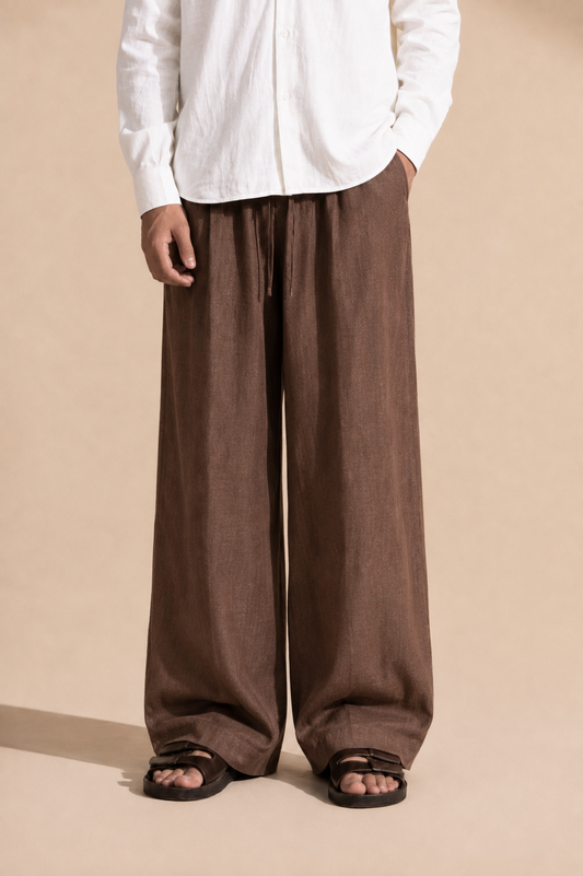 DRAWSTRING PLEATED LINEN TROUSER ( BROWN / WHITE / CREAM)