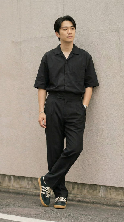 SIDE TAB SINGLE PLEATED TROUSER ( BLACK/OFF-WHITE)