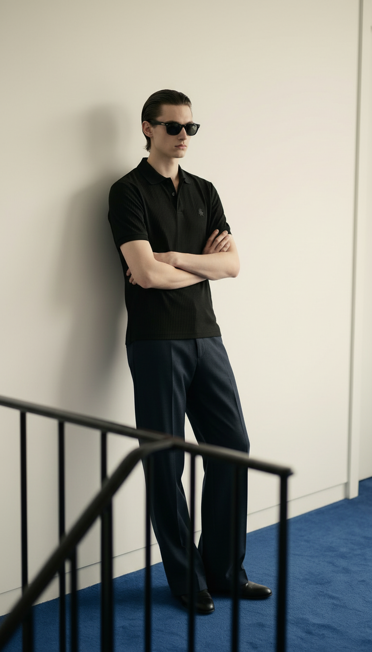 Black Waffle Knitted POLO Shirt