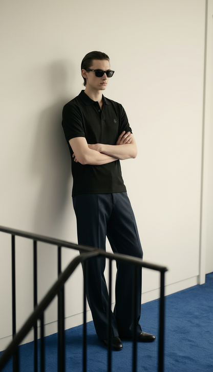 Black Waffle Knitted POLO Shirt