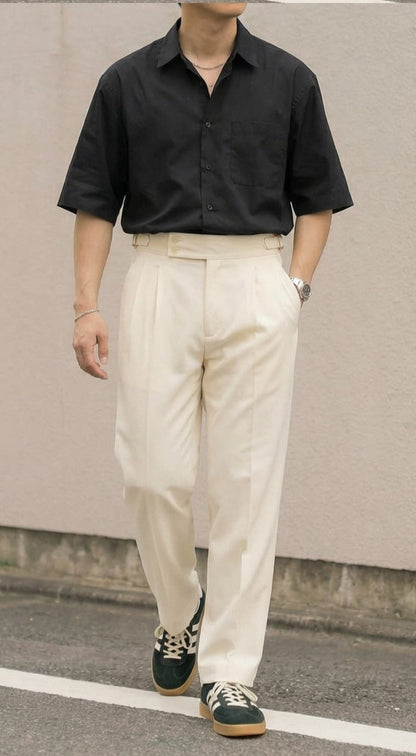 SIDE TAB SINGLE PLEATED TROUSER ( BLACK/OFF-WHITE)