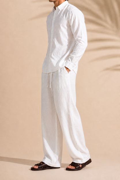 DRAWSTRING PLEATED LINEN TROUSER ( BROWN / WHITE / CREAM)