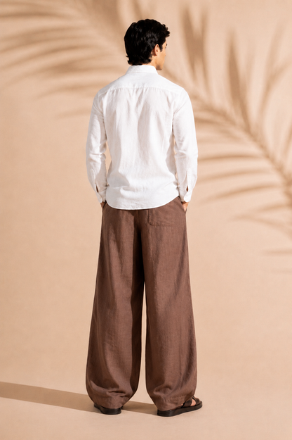 DRAWSTRING PLEATED LINEN TROUSER ( BROWN / WHITE / CREAM)