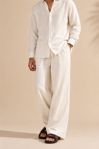 DRAWSTRING PLEATED LINEN TROUSER ( BROWN / WHITE / CREAM)