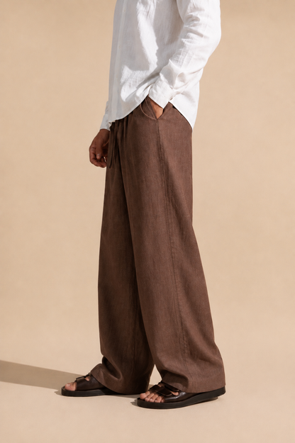 DRAWSTRING PLEATED LINEN TROUSER ( BROWN / WHITE / CREAM)