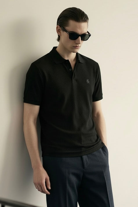 Black Waffle Knitted POLO Shirt