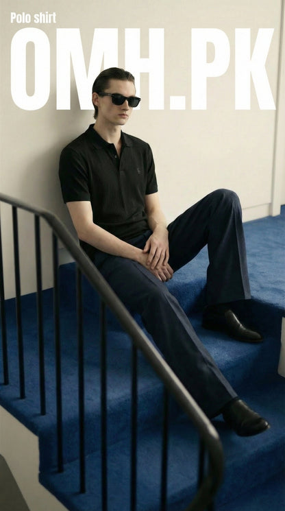 Black Waffle Knitted POLO Shirt