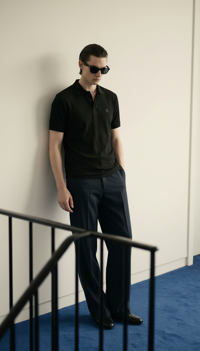 Black Waffle Knitted POLO Shirt
