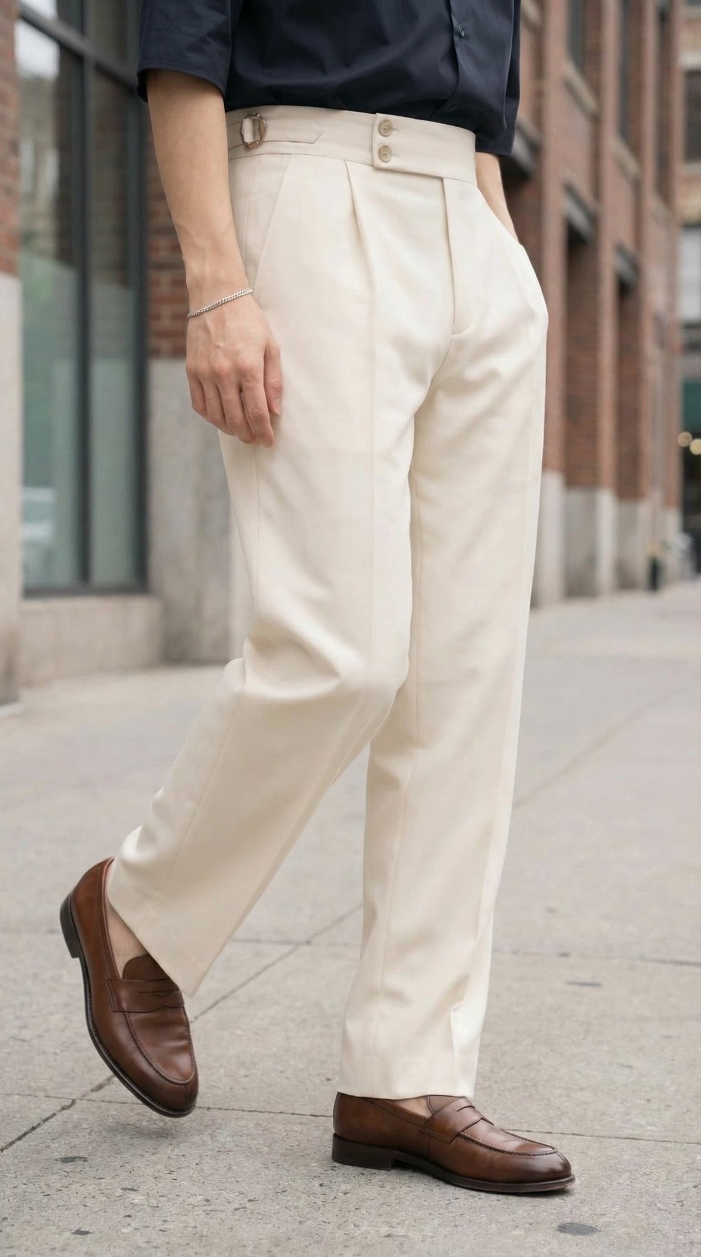SIDE TAB SINGLE PLEATED TROUSER ( BLACK/OFF-WHITE)
