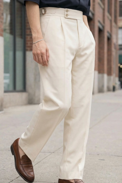 SIDE TAB SINGLE PLEATED TROUSER ( BLACK/OFF-WHITE)
