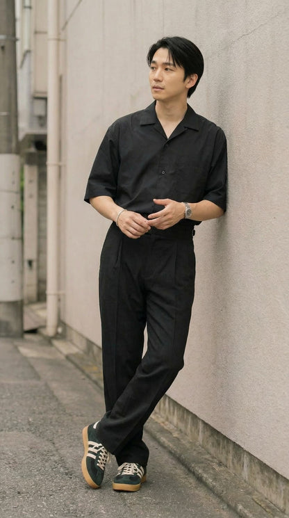 SIDE TAB SINGLE PLEATED TROUSER ( BLACK/OFF-WHITE)