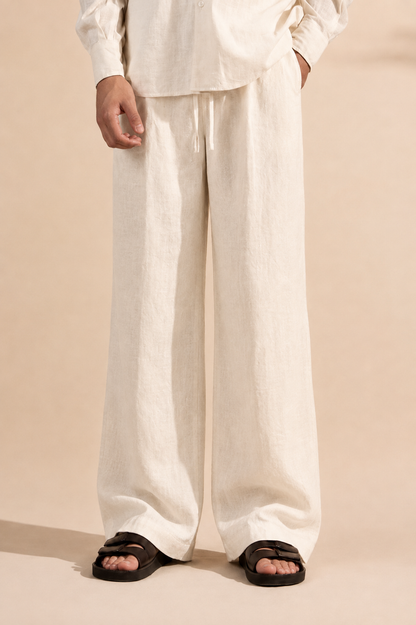 DRAWSTRING PLEATED LINEN TROUSER ( BROWN / WHITE / CREAM)