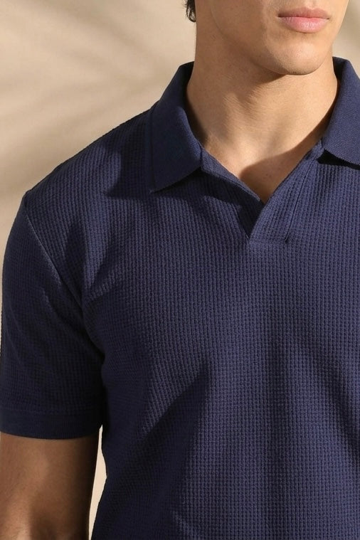 Navy Blue Waffle Knit Polo Shirt with Johnny Collar