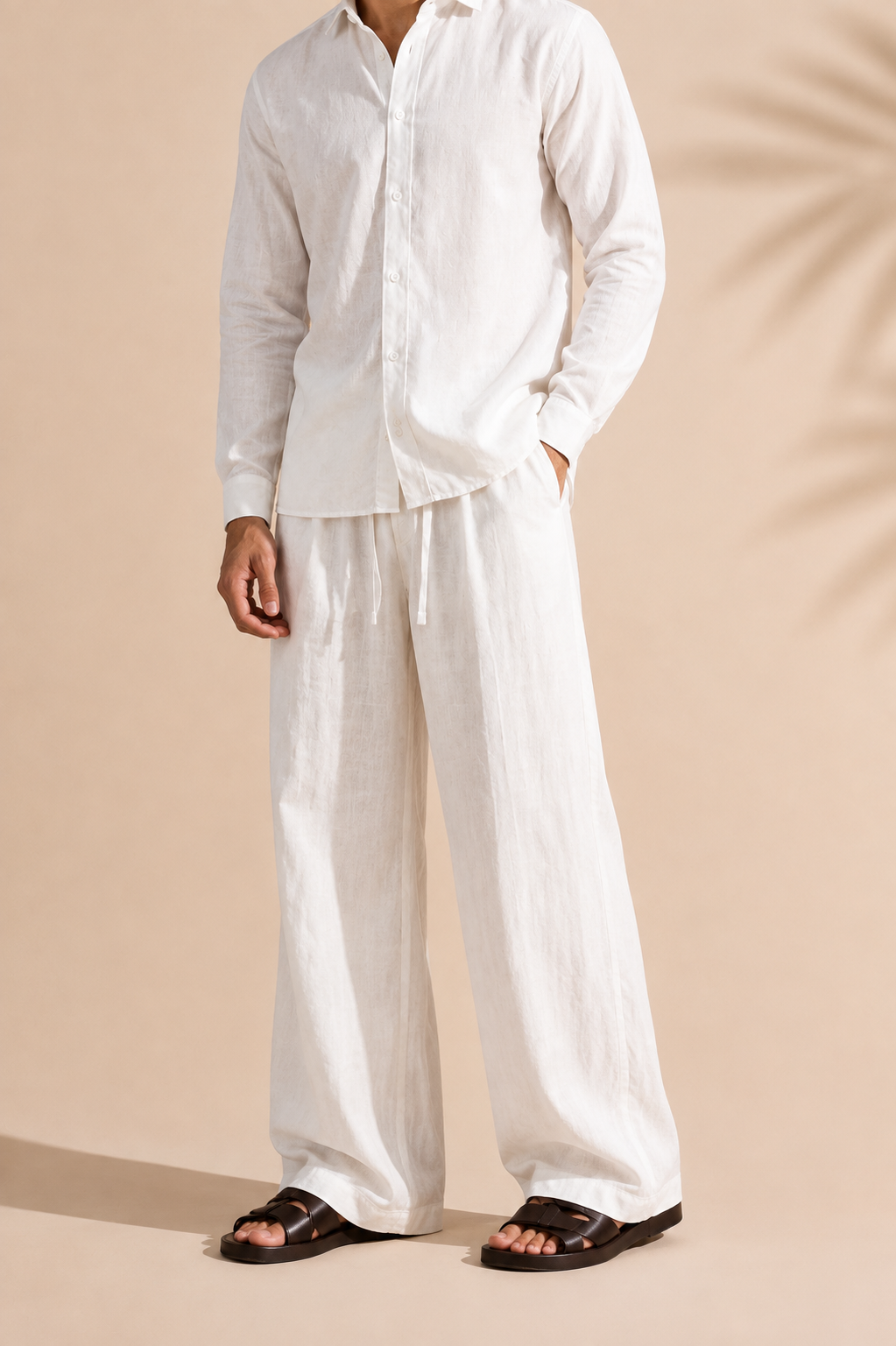 DRAWSTRING PLEATED LINEN TROUSER ( BROWN / WHITE / CREAM)