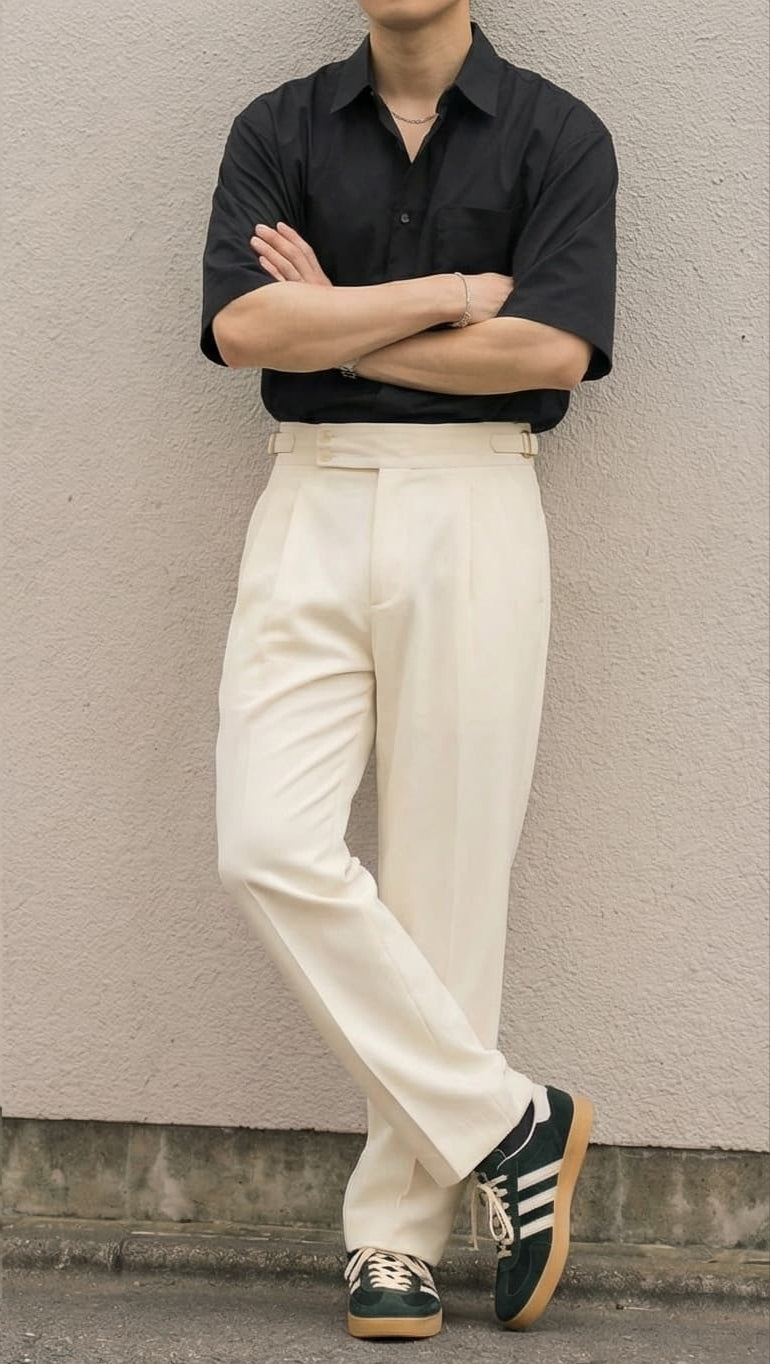 SIDE TAB SINGLE PLEATED TROUSER ( BLACK/OFF-WHITE)