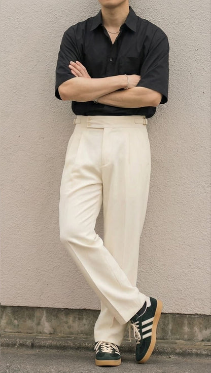 SIDE TAB SINGLE PLEATED TROUSER ( BLACK/OFF-WHITE)