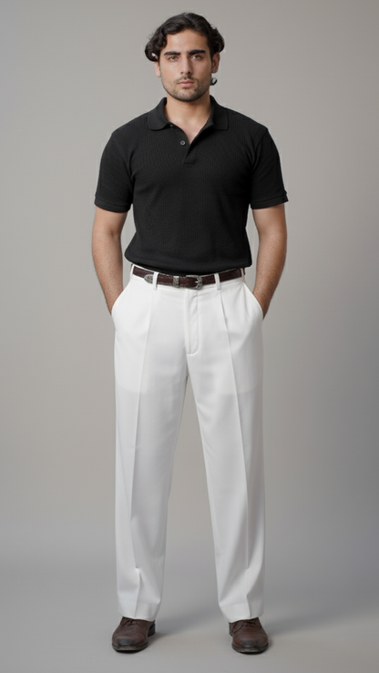 OFF WHITE CUT BELT KOREAN DOUBLE PLEATED PANT
