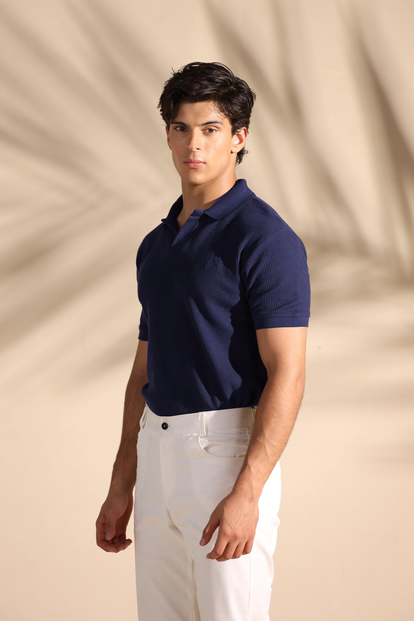 Navy Blue Waffle Knit Polo Shirt with Johnny Collar