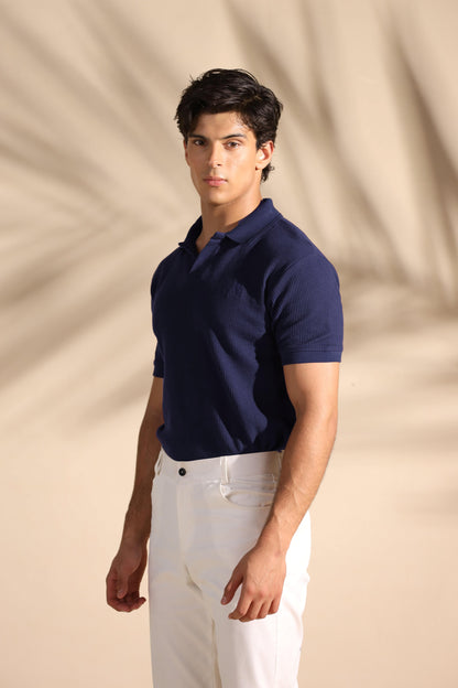 Navy Blue Waffle Knit Polo Shirt with Johnny Collar