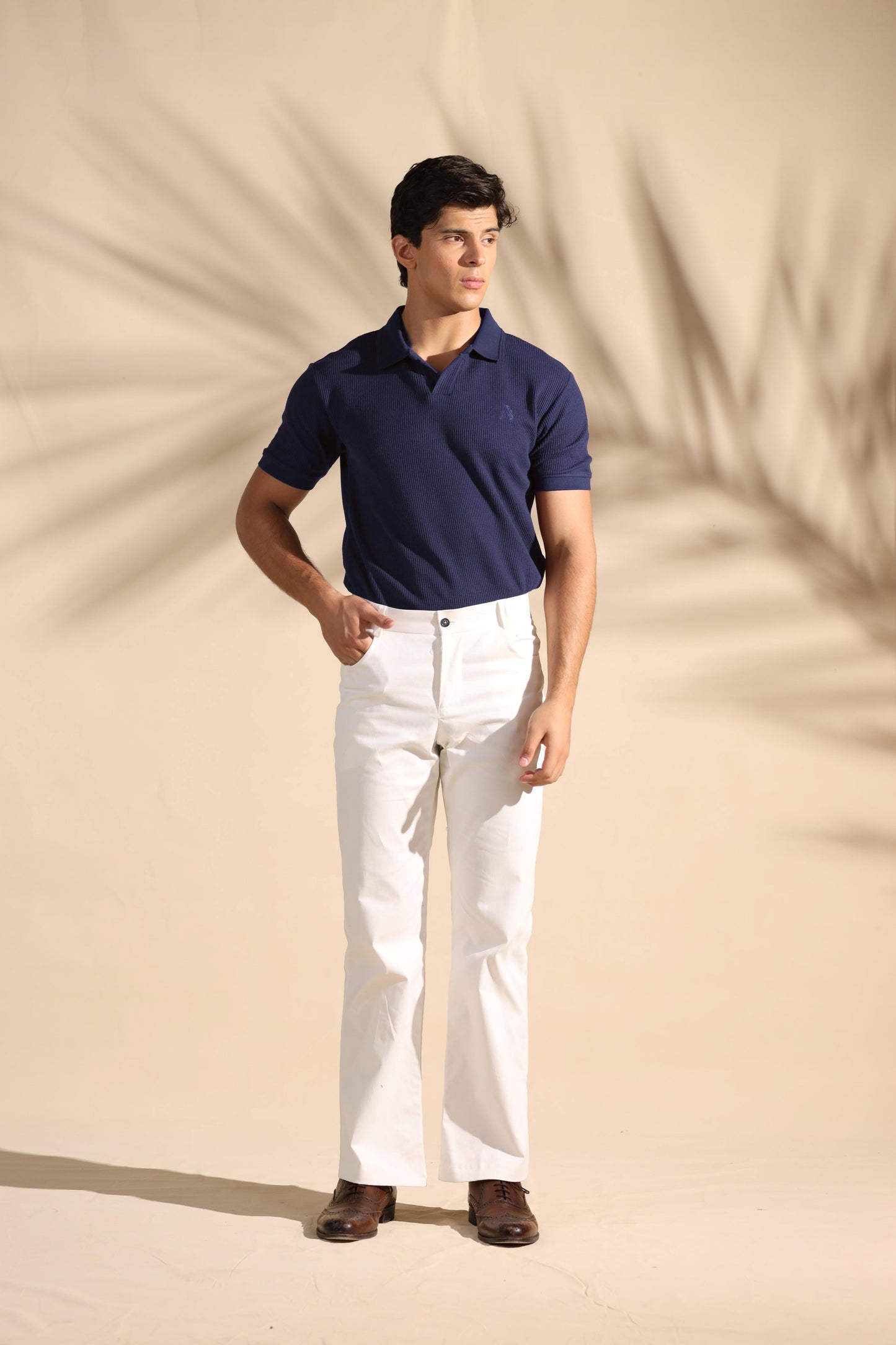 Navy Blue Waffle Knit Polo Shirt with Johnny Collar