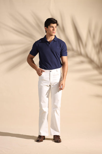 Navy Blue Waffle Knit Polo Shirt with Johnny Collar