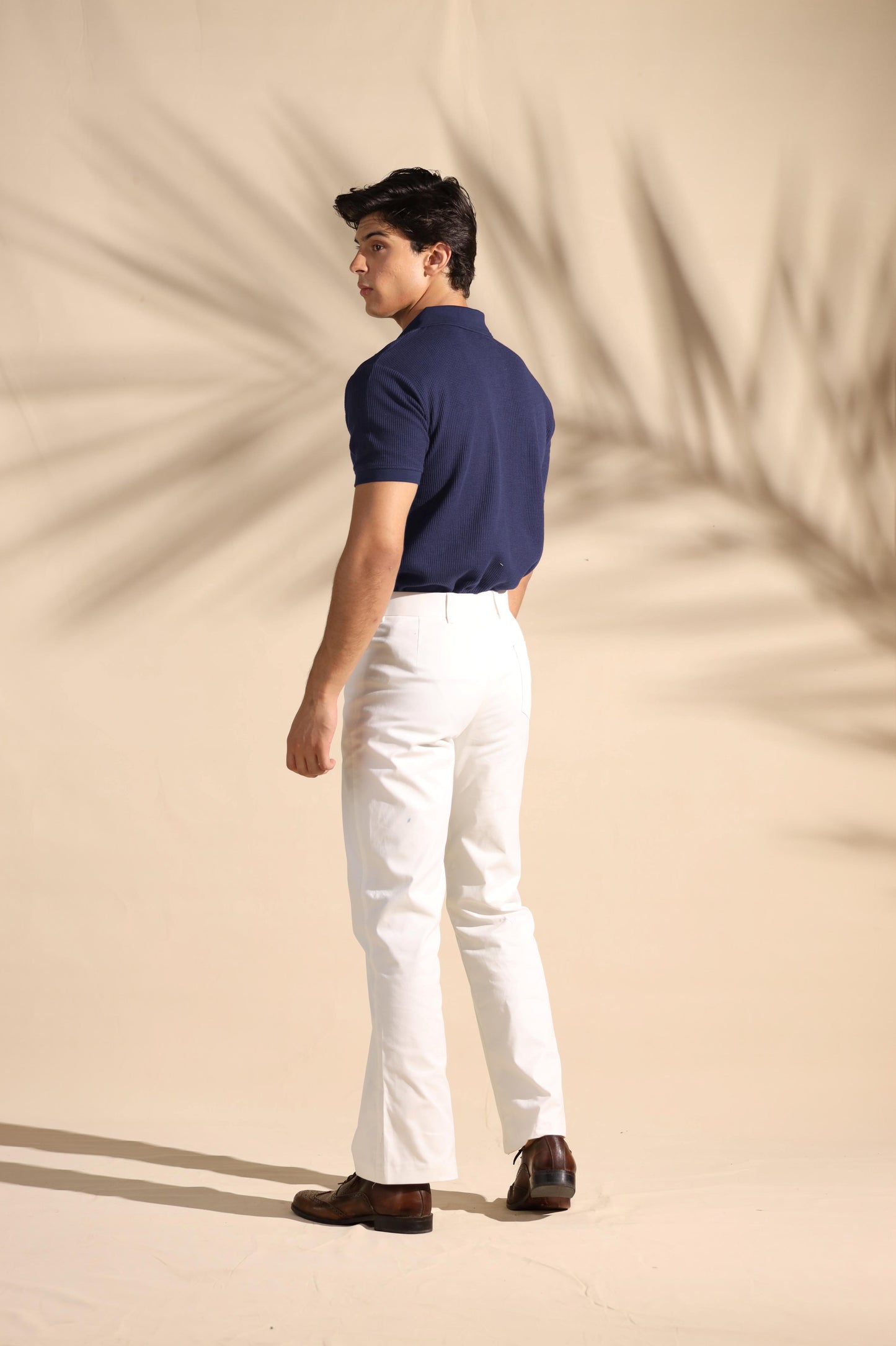 Navy Blue Waffle Knit Polo Shirt with Johnny Collar