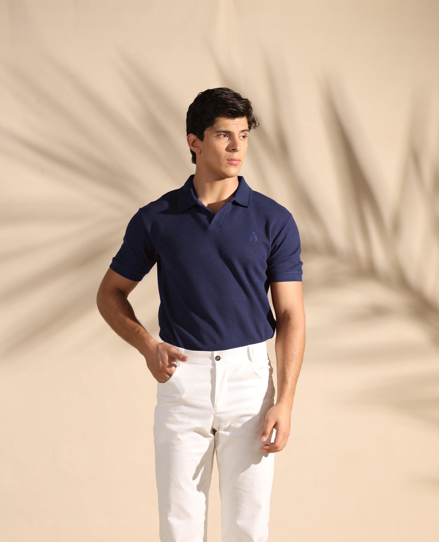 Navy Blue Waffle Knit Polo Shirt with Johnny Collar