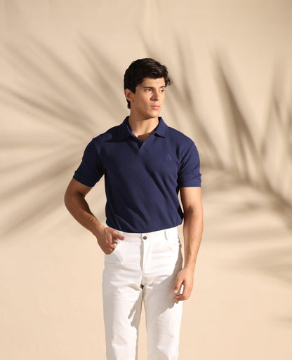 Navy Blue Waffle Knit Polo Shirt with Johnny Collar