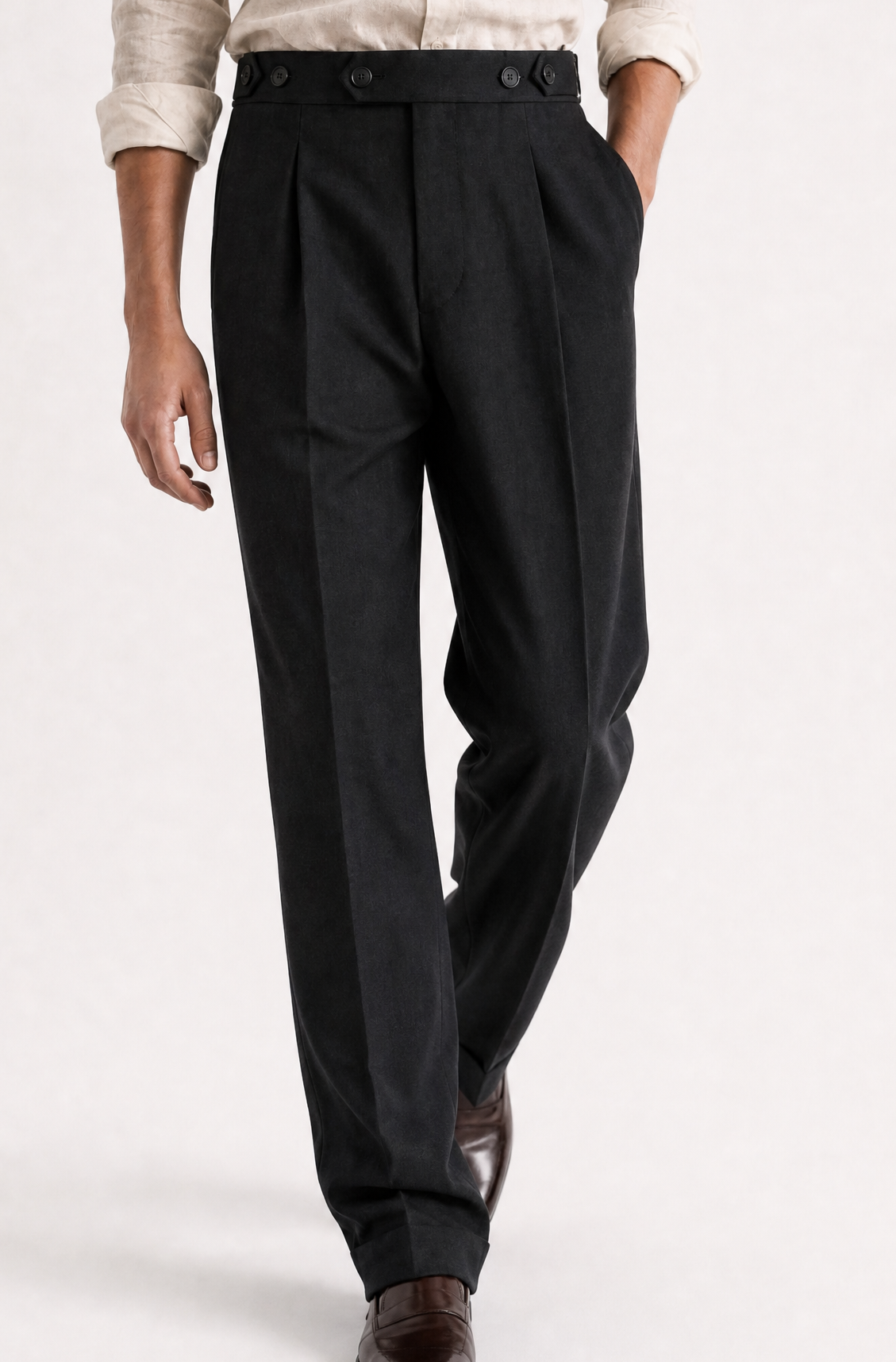 ADJUSTABLE PLEATED TROUSERS (BLACK / BROWN / OFF-WHITE)