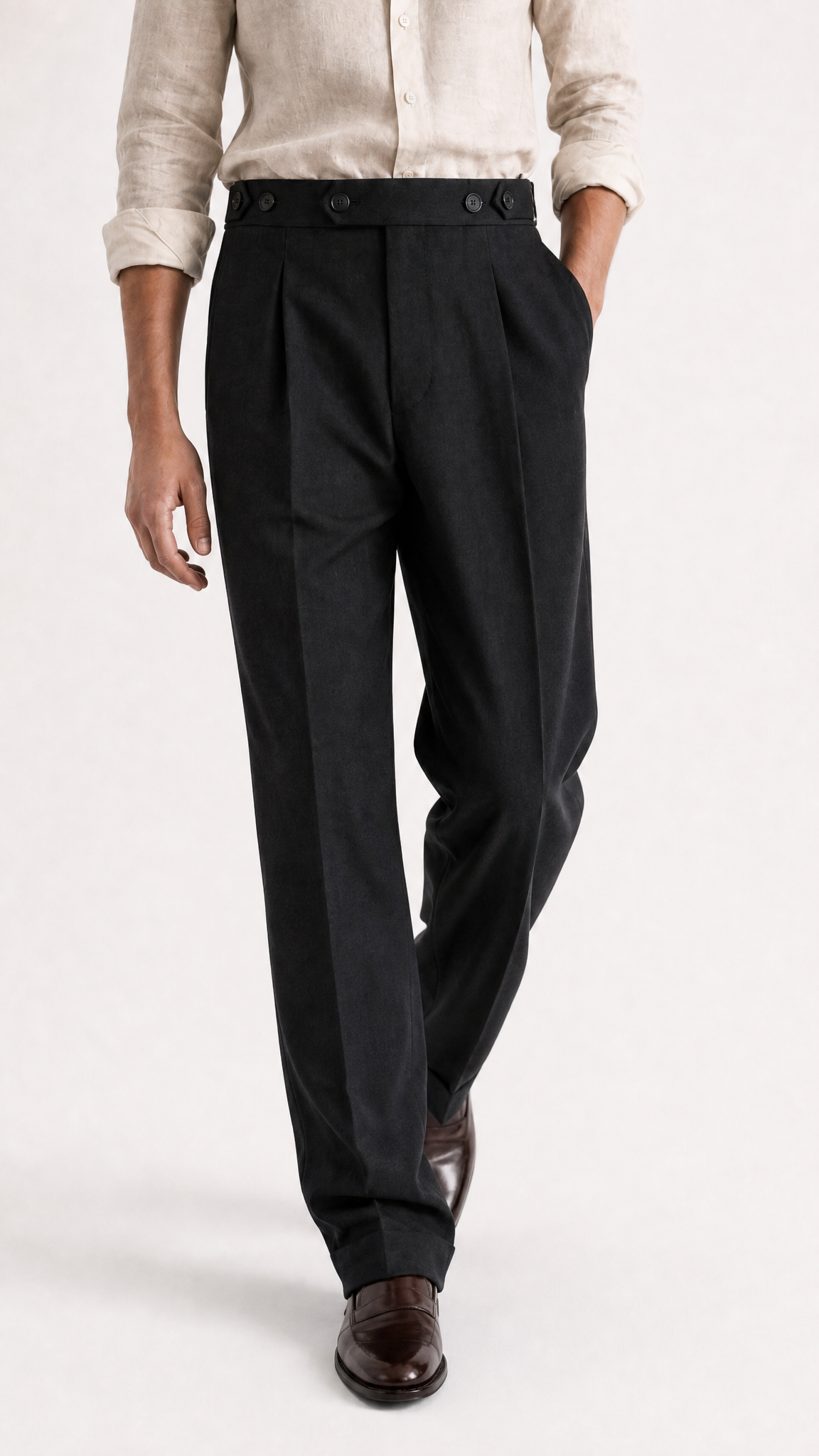 ADJUSTABLE PLEATED TROUSERS (BLACK / BROWN / OFF-WHITE)