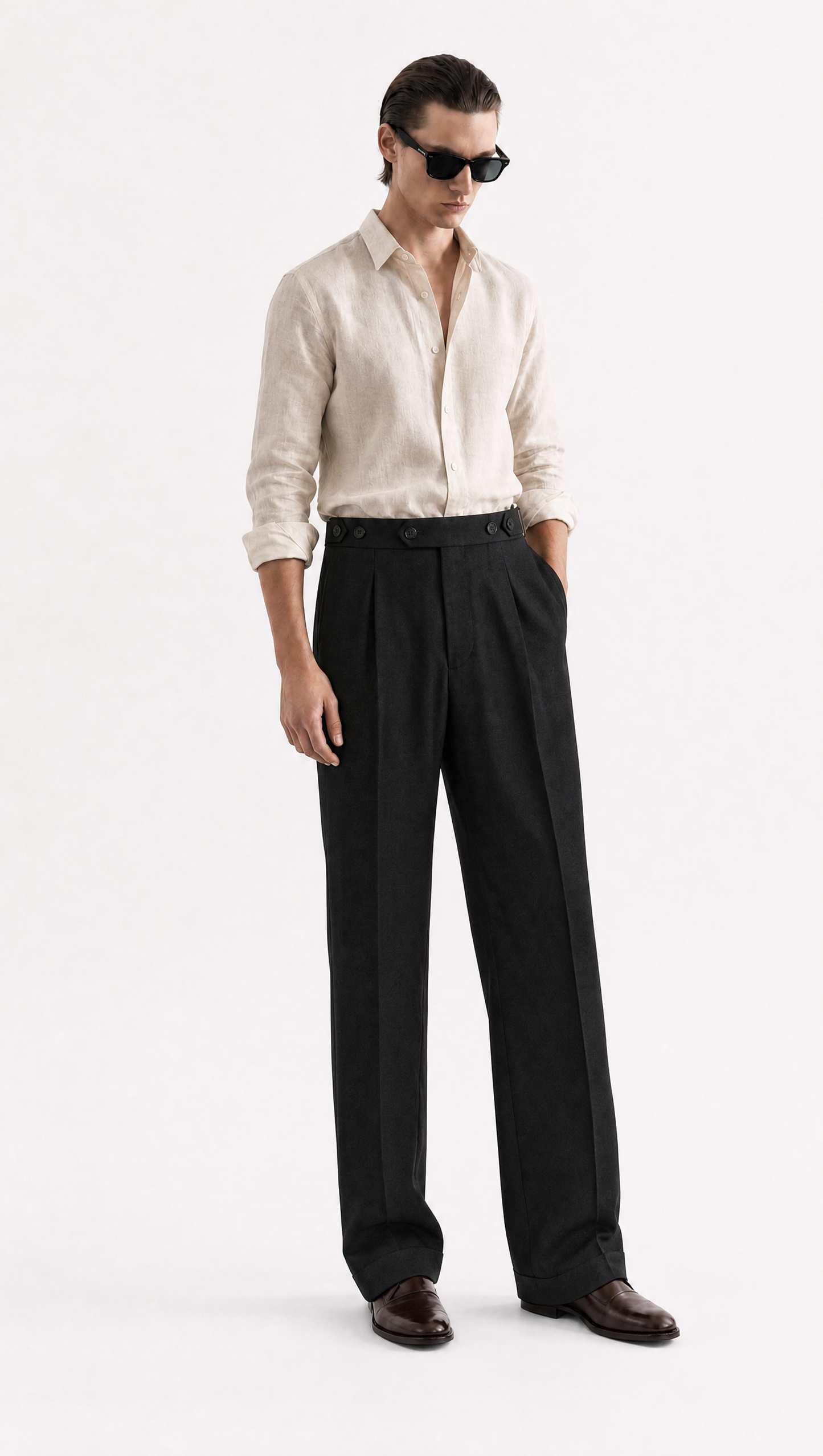 ADJUSTABLE PLEATED TROUSERS (BLACK / BROWN / OFF-WHITE)