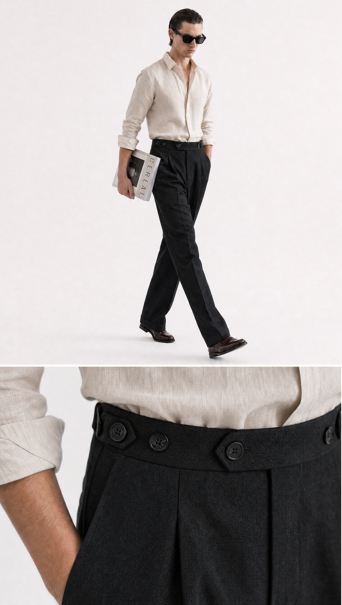 ADJUSTABLE PLEATED TROUSERS (BLACK / BROWN / OFF-WHITE)